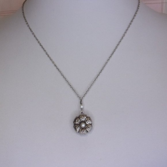 Pearl Accent Silver Tone Floret Locket Necklace - Picture 1 of 11